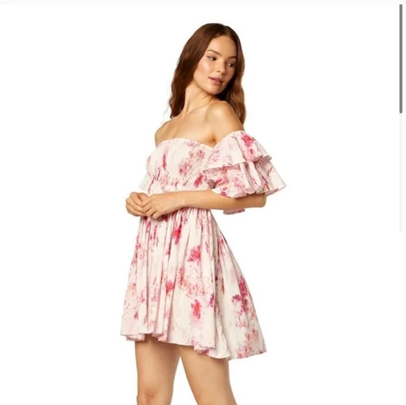 New Misa Los Angeles Women's Pink Floral Smocked Off Shoulder Mini Dress Medium - Picture 2 of 6